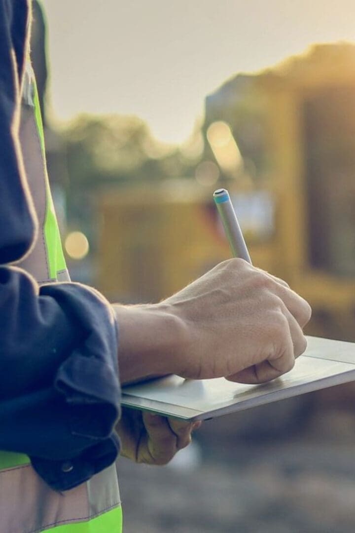 A person writing on a tablet with a pen.